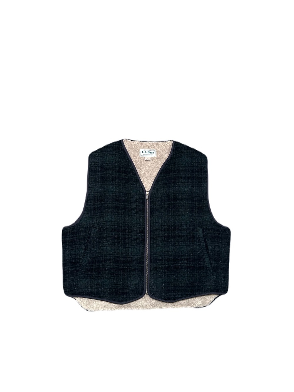 Vintage LL Bean Vest Green Plaid Wool Sherpa Fleece Lined Full Zip USA Mens XL